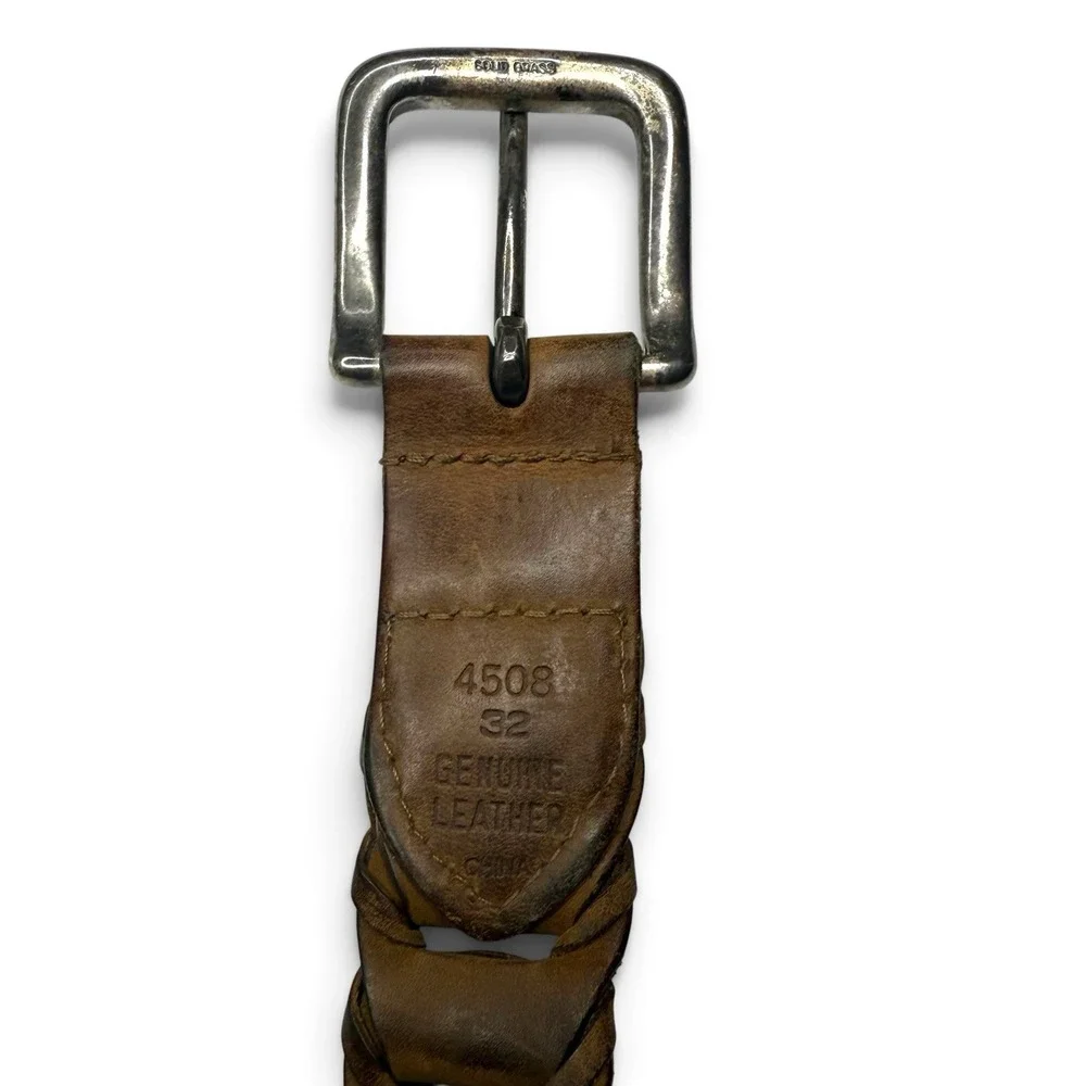 Vintage Braided Link Leather Solid Brass Buckle Belt Brown Patina MEN'S 32